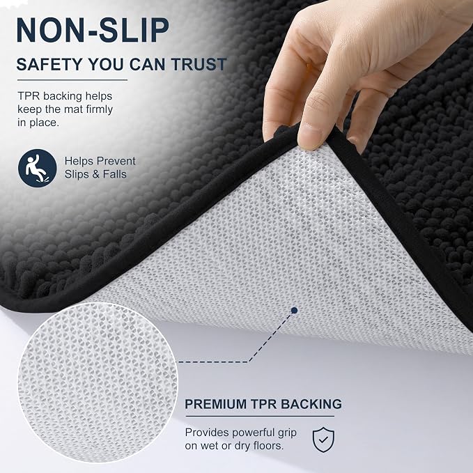 Smiry Thick Chenille Bathroom Runner Rugs 59x20, Absorbent Bath Mat, Black | Quick‑Dry & Machine Washable, Non‑Slip Bath Carpet, Soft Striped Bath Rugs for Tub & Shower, Modern Home Decor Accessories