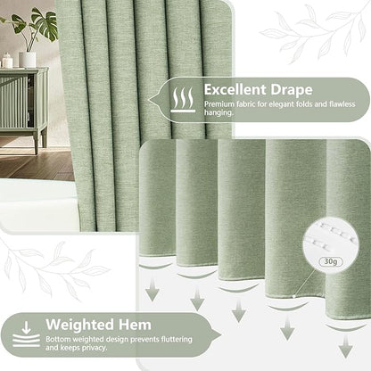 Sage Green Farmhouse Fabric Shower Curtain, 72 x 84 Inch Extra Long Natural Faux Linen Textured Shower Curtain Washable, Water-Resistant Country Rustic Thick Bathroom Curtain Ultra-Durable