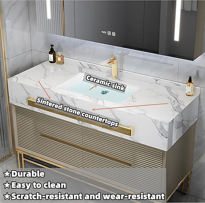 Bathroom Vanity with Sink - Modern Single/Double Sink Bathroom Vanity Cabinet & Smart Defogger Mirror Cabinet Set, Multi-Layer Solid Wood Material | Floor-Mounted Installation (Single Sink,48")