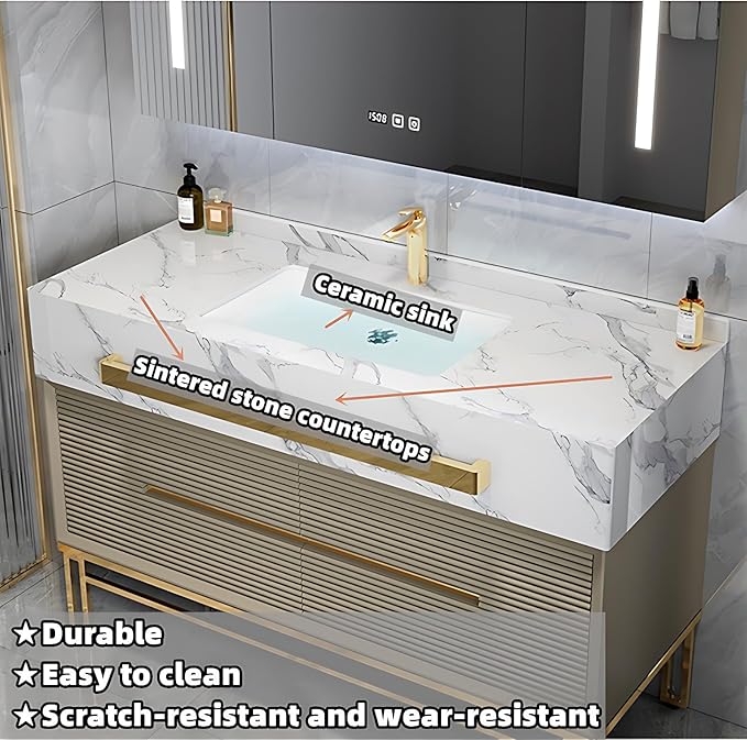 Bathroom Vanity with Sink - Modern Single/Double Sink Bathroom Vanity Cabinet & Smart Defogger Mirror Cabinet Set, Multi-Layer Solid Wood Material | Floor-Mounted Installation (Single Sink,36")