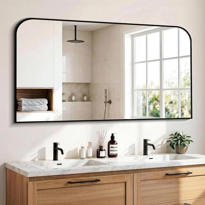Black Bathroom Vanity Mirror 55x30 Inch, Metal Framed | HD Tempered Glass, Bathroom Mirror for over Sink, Living Room, Bedroom, Entryway, Mantel, Fireplace, Wall Mounted