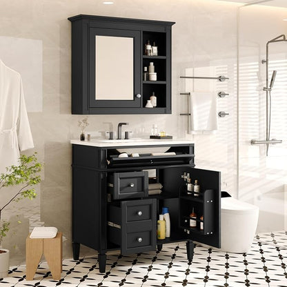 Merax 30 Inch Bathroom Vanity with Sink Set, Modern Bathroom Vanity Storage Cabinet with Matching Mirror Medicine Cabinet, Solid Wood Frame，Painted Finish, 2 Drawers and 1 Tip-Out Drawer, Black
