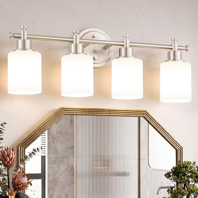 4 Light Bathroom Vanity Light Fixture Over Mirror, Brushed Nickel, 23'' | Vanity Lights for Bathroom, Bedroom, Living Room, White Frosted Glass Shades, Modern, E26(Bulbs Not Included)