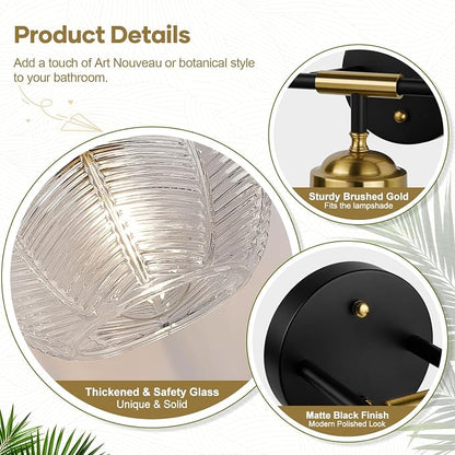 MOKATNG Bathroom Light Fixtures, 2-Light Clear Vanity Lights with Unique Leaf Texture Glass Shade, Modern Matte Black and Gold Bathroom Wall Lamp for Mirror Hallway Cabinet Living Room