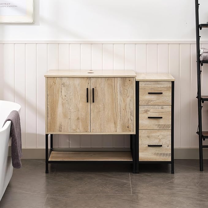 UEV 42" Rustic Oak Bathroom Vanity with Sink Combo,Industrial Iron Frame Bathroom Cabinet Sets with 3 Drawers Side Cabinet(Without Sink Combo)