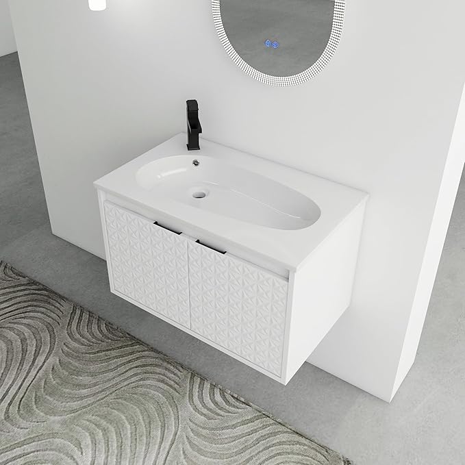SSLine Modern 30" Floating Bathroom Vanity with Sink Wall Mounted Bathroom Vanity with Top Basin & Storage Cabinet 30-Inch White Star Bath Vanity w/Drop-Shaped Resin Sink for Small Space