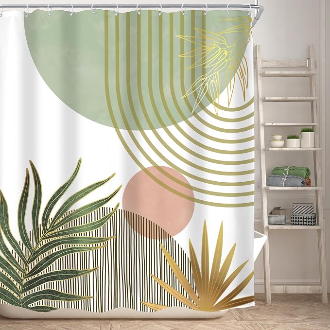 Mid Century Boho Abstract Green Modern Red Bathroom Shower Curtain Set | 60Wx72H Sun Arch design, waterproof HD print with fast-drying fabric and 12 hooks.