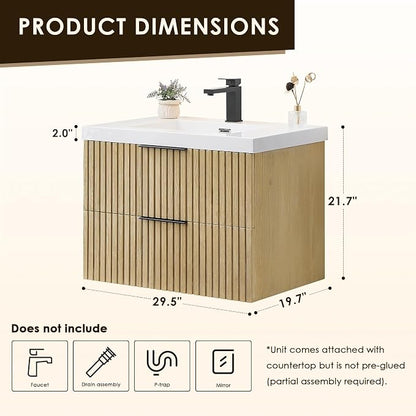 30 Inch Floating Sink Bathroom Vanity Wall Mount Single Vanities with Top | Pre-Assembled, Sturdy Solid Wood, Modern Vanity, Ceramic Sink, Large Storage Cabinet, Soft Closing Doors, Dovetail Drawers