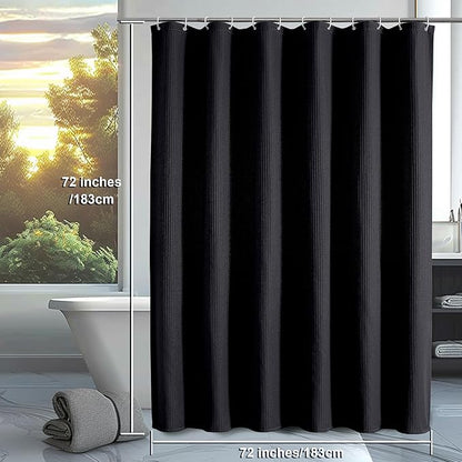 OVZME Black Shower Curtain Set, Waffle Textured Heavy Duty Fabric Shower Curtain for Bathroom, Luxury Hotel Weighted 230GSM Bath Curtain with 12 Plastic Hooks, Machine Washable, 72x72