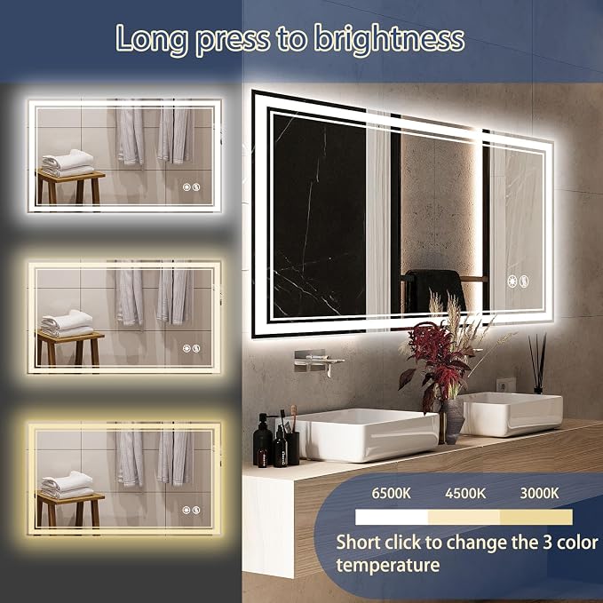 28“ x 40” LED Bathroom Mirror Fogless LED Mirror for Bathroom Dimmable 3 Colors Lights Smart Vanity Mirror Touch Sensor Home Decor Wall Mounted Horizontal/Vertical