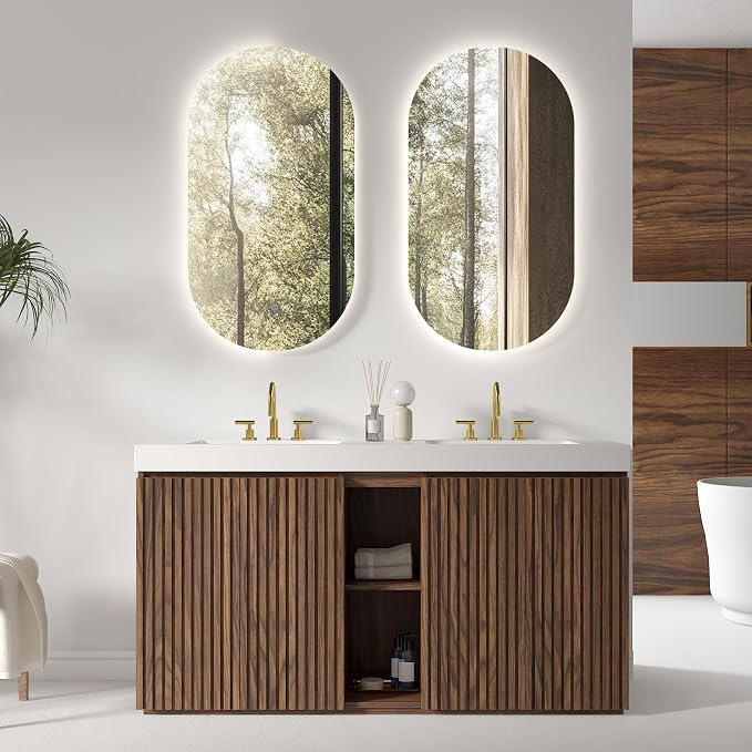 60 Inch Bathroom Vanity with Double Sink, Freestanding Double Sink Bathroom Vanity with White Engineered Stone Top, Open Storage Cabinet & Adjustable Shelf, Walnut (3 Holes)