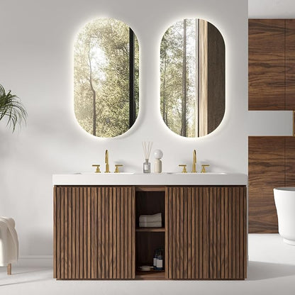 60 Inch Bathroom Vanity with Double Sink, Freestanding Double Sink Bathroom Vanity with White Engineered Stone Top, Open Storage Cabinet & Adjustable Shelf, Walnut (3 Holes)