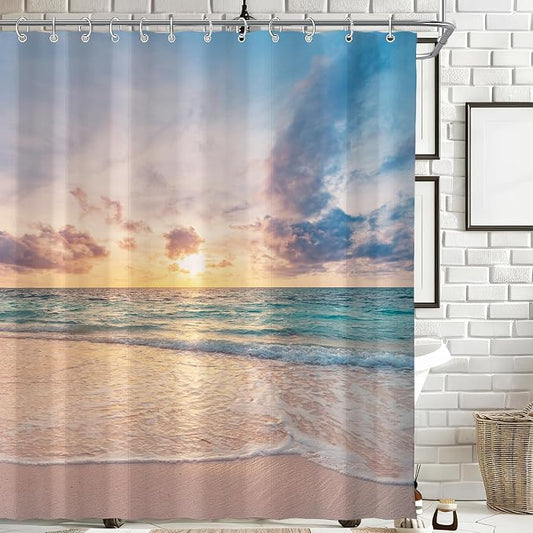 Ocean Beach Coastal Sea Scene Shower Curtain for Bathroom 72W*72H Inch Seaside Nautical Summer Sunset Sunrise Beachy Bathtub Decor Waves Seacoast Hawaiian Aesthetic Waterproof Polyester Fabric