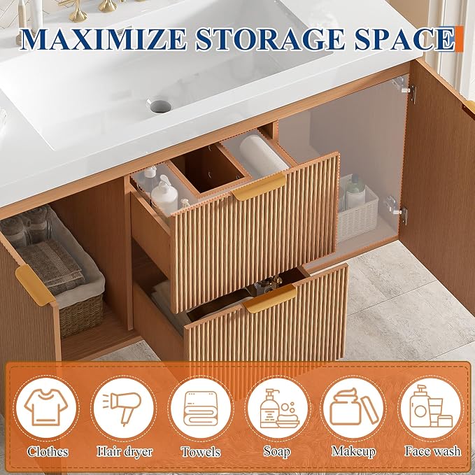36 Inch Bathroom Vanity with Sink, Modern Fluted Single Ceramic Vanity | Soft-close, Bath Room Cabinet with Divided Drawers, Wall-Mounted Modern Storage Vanity for Small Space, Hotels, Office