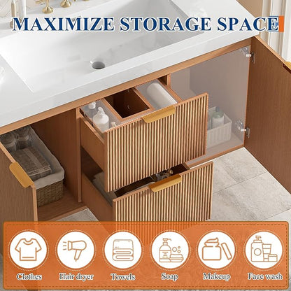 36 Inch Bathroom Vanity with Sink, Modern Fluted Single Ceramic Vanity | Soft-close, Bath Room Cabinet with Divided Drawers, Wall-Mounted Modern Storage Vanity for Small Space, Hotels, Office