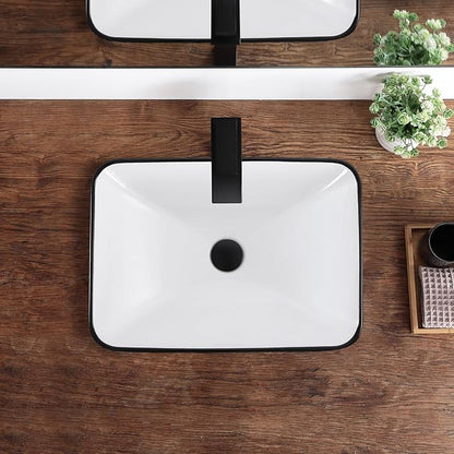 Bathroom Vessel Sink 20.6'' x 14.7'' Semi Recessed Bathroom Sink Rectangular Drop In Sink with Overflow White with Black Trim Ceramic Modern Vessel Sinks for Bathroom