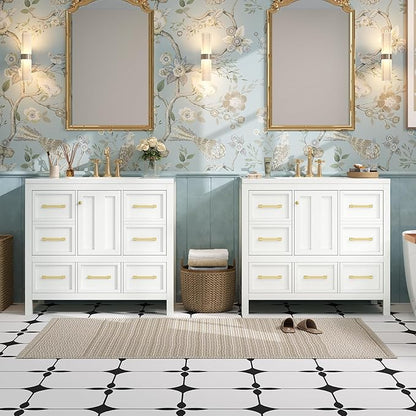 Merax 30 72 Inch White Bathroom Vanity with Double Sink,Modern Double Sink Vanity with 10 Drawers & 2 Spacious Cabinets,Soft Closing Doors with Gold Handles,Solid Wood Frame,Grid Front(2 * 36 Inch)