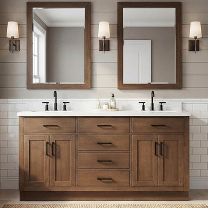 Isabella 66-Inch Brown Oak Double Bathroom Vanity with Sink, 1.5-Inch Edge Pure White Quartz Countertop & 4" Backsplash, Soft-Closing Doors & Drawers, Solid Oak Wood Construction