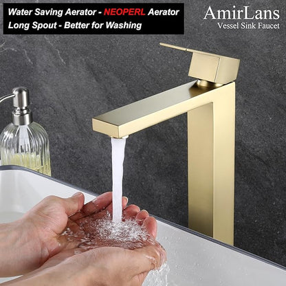 Brushed Gold Vessel Sink Faucet, Gold Bathroom Faucet Single Hole, Single Handle Tall Bathroom Sink Faucet with Pop Up Drain, AML-11411-BG
