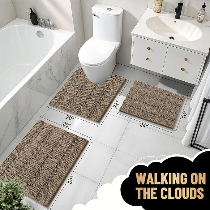 OLANLY Thick Bathroom Runner Rugs 44x24, Soft Chenille Long Bath Rugs, Tan | Absorbent Striped, Rubber Backing, Machine Wash, Bath Mats for Bathroom Floor, Tub and Shower, Home Decor Accessories
