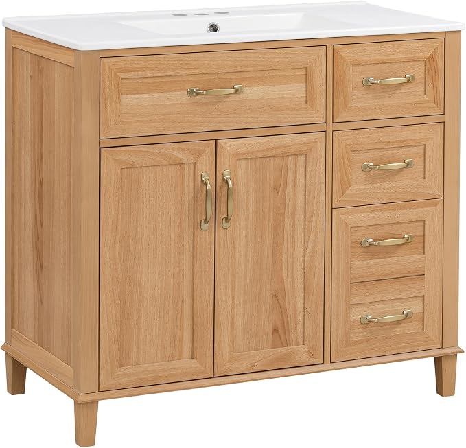 36 Inch Bathroom Vanities with Undermount Ceramic Sink, Storage Cabinet with Soft Closing Doors and Three Drawers, Solid Wood Frame, Natural Wood