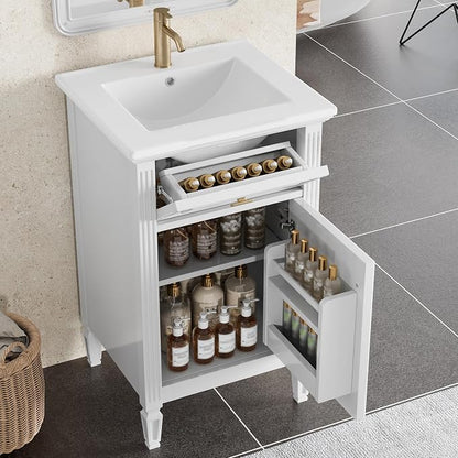 20 Inch Small Bathroom Vanity with Sink, Vanity Cabinet with Tip-Out Drawer and Door Rack Organizer, Adjustable Shelf, White