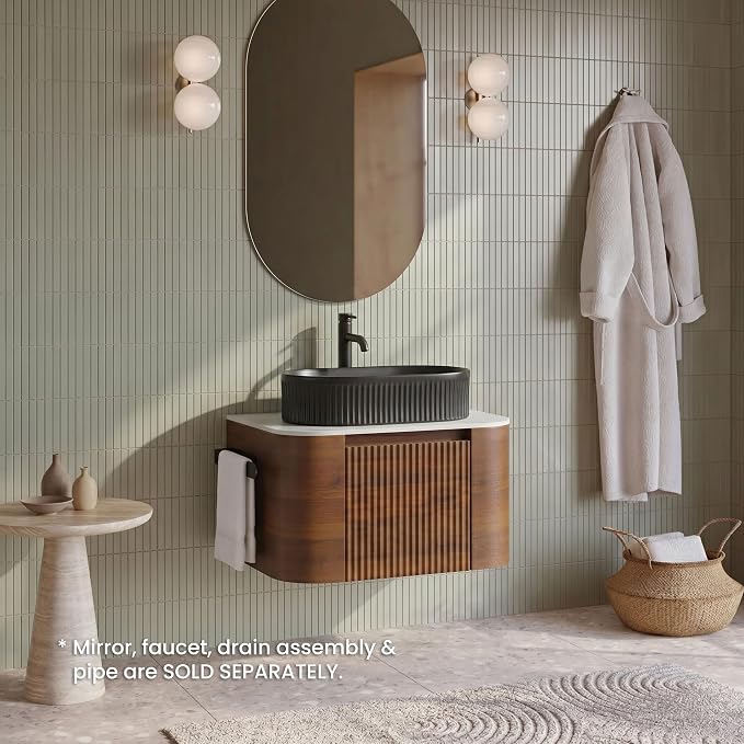24" Preassembled Floating Bathroom Vanity with Black Sink, Walnut | Mid-Century Modern Style, Fluted & Soft-Close Drawer with U-shaped Wall, Sinterted Stone Countertop, Towel Rack Included