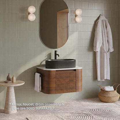 24" Preassembled Floating Bathroom Vanity with Black Sink, Walnut | Mid-Century Modern Style, Fluted & Soft-Close Drawer with U-shaped Wall, Sinterted Stone Countertop, Towel Rack Included