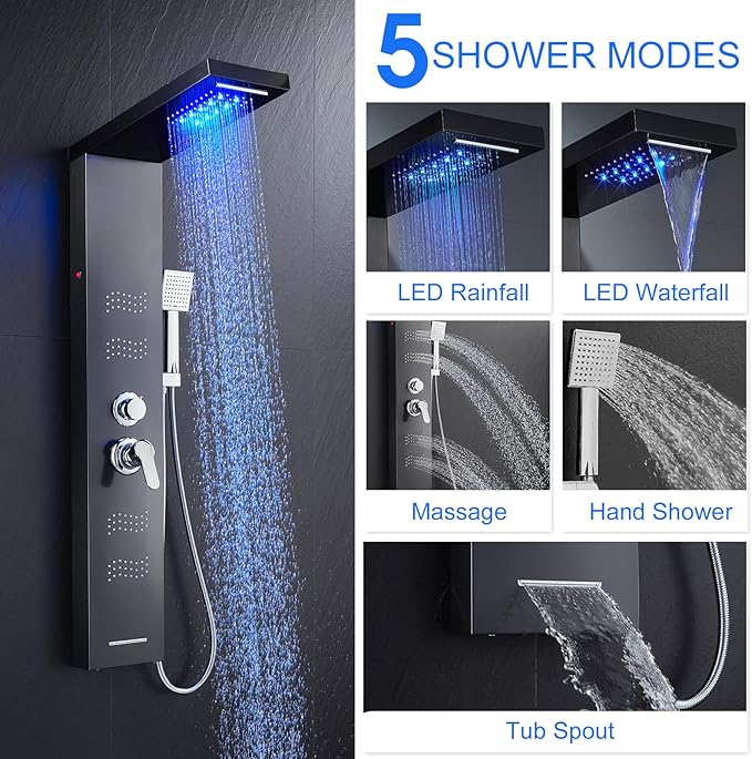 Stainless Steel Shower Panel Tower System with LED Lights, 5 in 1 Shower Panel with Rainfall Waterfall Shower Head, Body Spray, Handheld Shower, Tub Spout (Black)