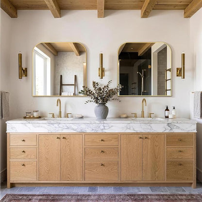 30"x30" Gold Metal Framed Bathroom Mirror for Over Sink | Rounded rectangle shape. Shatterproof HD glass, all mounting hardware for bathroom, bedroom, entryway.