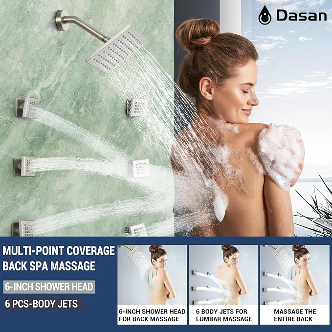 Dasan Thermostatic Dual Shower Head System with 6 Body Jets, 6-Inch Shower & 16” Rainfall Shower, Luxury Brushed Nickel Shower Faucet Set Tandem Rain Shower Head System for Couples/ 2-Person