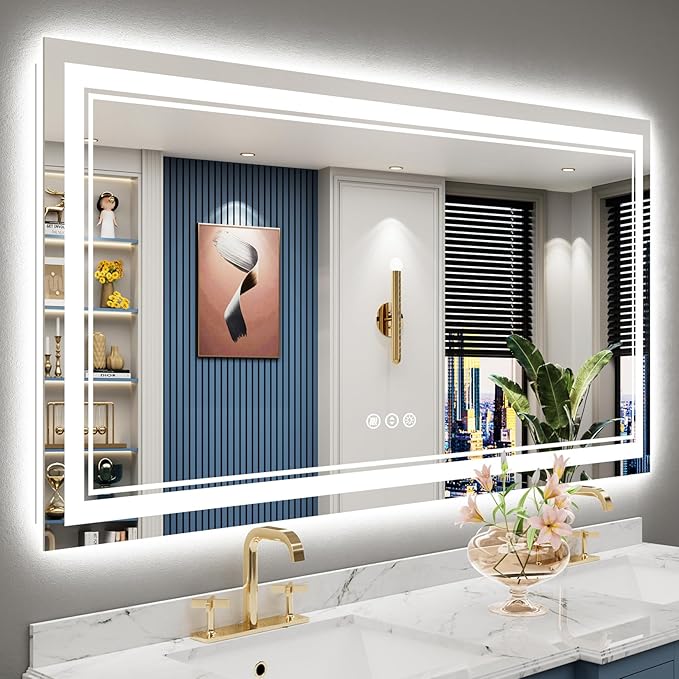 60x28 LED Bathroom Mirror with Lights, Backlit and Front Lit Anti-Fog Lighted Vanity Mirrors for Bathroom Wall, Dimmable, 3-Color Light, Memory, Shatter-Proof, HD Tempered Glass, CRI＞90