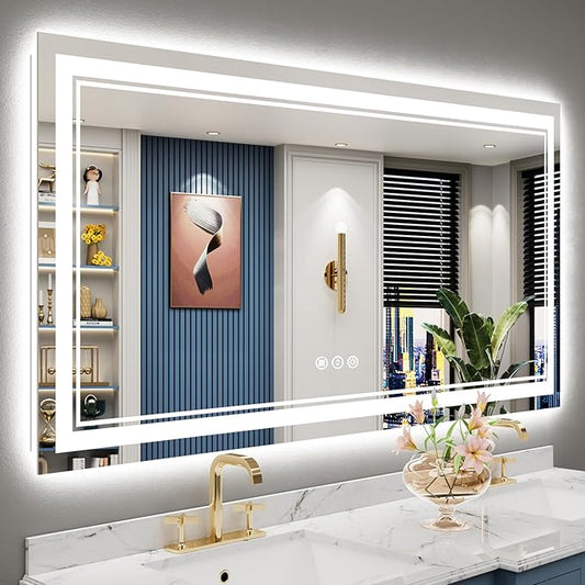 60x28 LED Bathroom Mirror with Lights, Backlit and Front Lit Anti-Fog Lighted Vanity Mirrors for Bathroom Wall, Dimmable, 3-Color Light, Memory, Shatter-Proof, HD Tempered Glass, CRI＞90