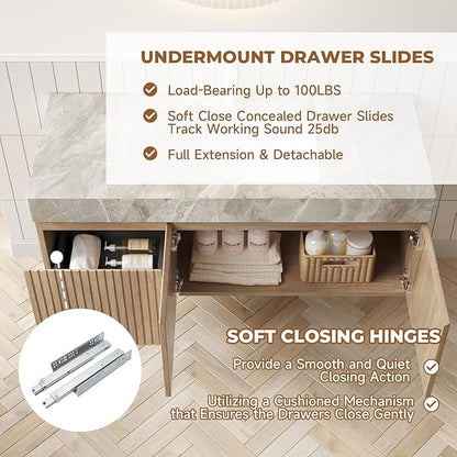 LKTART Floating 48 Inch Bathroom Vanity with Sink, Modern Plywood Wall Mounted Bathroom Storage Cabinet with 2 Doors and 1 Drawer, Roma Travertine-Pattern Sintered Stone Countertop and Ceramic Basins