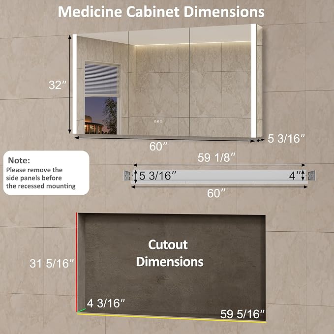 60 x 32 Inch Medicine Cabinet with Mirror and LED Light for Bathroom | Recessed, Wall-Mounted, Dimmable, Anti-Fog, Memory Function, 3 Color Mode, Outlet&USB, Adjustable Shelf, ETL Listed, Aluminum