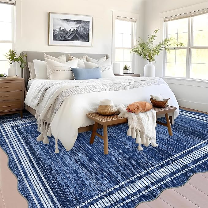 Garvee Scalloped Area Rug 9x12 Large Washable Rug for Living Room | Non-Slip Soft Carpet for Bedroom, Scalloped Low-Pile Solid Print Rug for Dining Room Home Office, Navy Blue