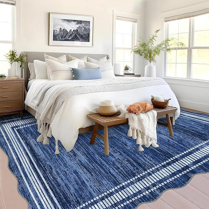 Garvee Scalloped Area Rug 9x12 Large Washable Rug for Living Room | Non-Slip Soft Carpet for Bedroom, Scalloped Low-Pile Solid Print Rug for Dining Room Home Office, Navy Blue