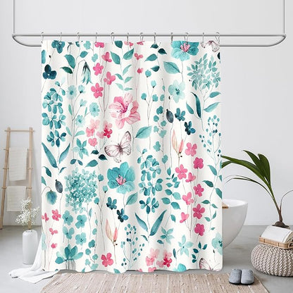 Extra Long Shower Curtain 72 x 84 Inch, Tall Teal Pink Floral Shower Curtains for Bathroom, Watercolor Flower Butterfly Fabric Shower Curtain Set with Hooks