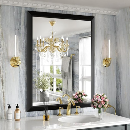 Black Bathroom Mirror, 28x36 Inch | Thick Metal Framed, HD Reflection, Anti-Rust, Hang Horizontally/Vertically, Suitable for Vanity, Bedroom, Bathroom, Entryway