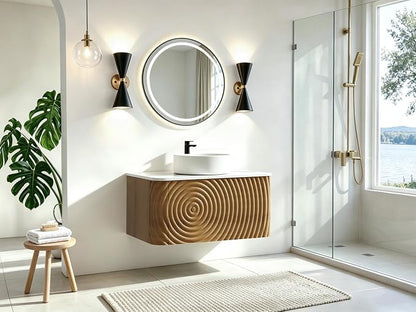 30" Floating Bathroom Vanity with Sink, Mid-Century Wall Mounted Bathroom Vanity Cabinet with Waved Decor, Ceramic Vessel Basin, Sintered Stone Top, Soft Close Storage Drawer, Natural