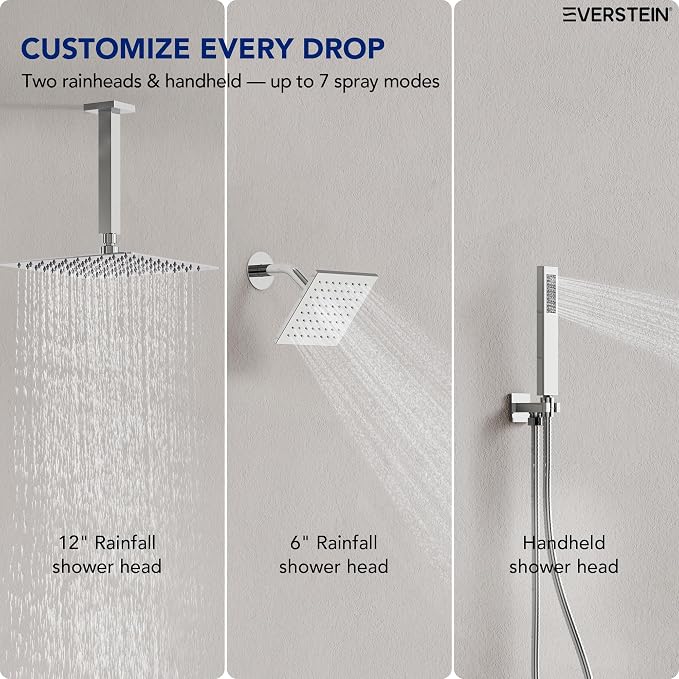 Ceiling Mount 12" High-Pressure Rainfall Shower Faucet, Dual Rainfall Shower Head System with Valve (Polished Chrome)