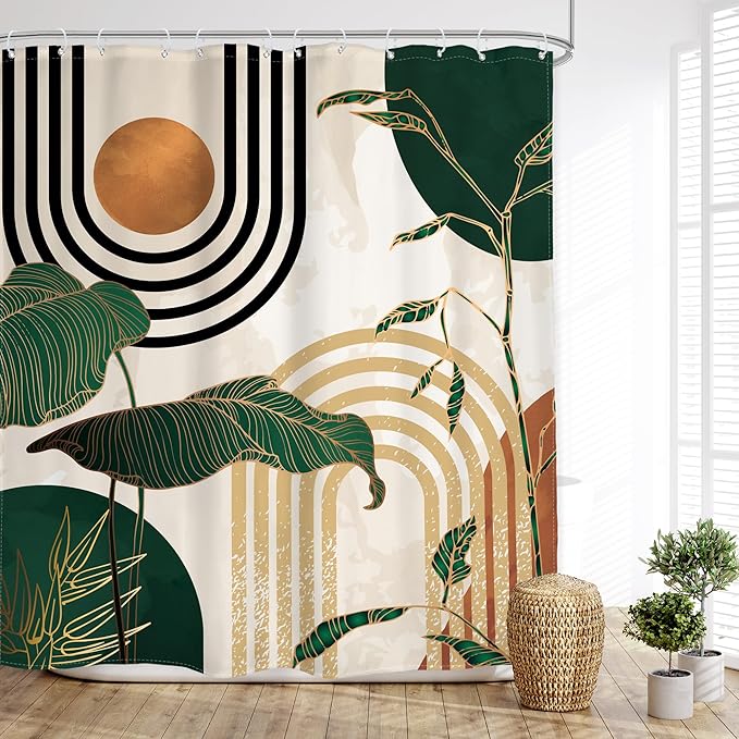 Glawry Green Boho Shower Curtain 60Wx72L Inches, Abstract Retro Mid Century Shower Curtains for Bathroom Decor,Minimalist Tropical Modern Shower Curtain Set Home Decor 12 Pack Hooks