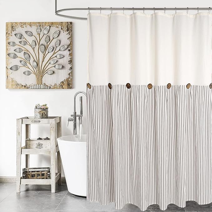DOSLY IDÉES Farmhouse Shower Curtain, Beige and Brown Striped, Button Curtain, Spa Waffle and Cotton Woven Fabric, Rustic Charm Country Chic Style, 72x96 in