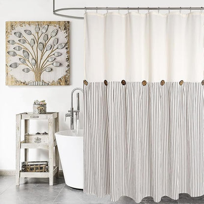 DOSLY IDÉES Farmhouse Shower Curtain, Beige and Brown Striped, Button Curtain, Spa Waffle and Cotton Woven Fabric, Rustic Charm Country Chic Style, 72x96 in