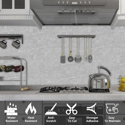 URCOLOR 32-Piece Peel and Stick Backsplash Wall Tile, 4"x 8" PVC Glossy Gray Marble Stick on Subway Tiles for Kitchen, Bathroom, Laundry Room, Camper, Fireplace