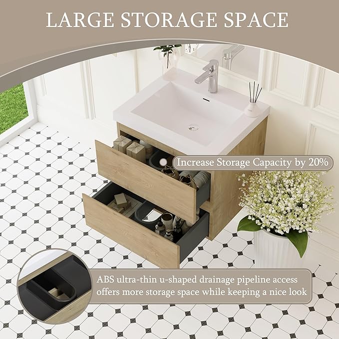 Floating Bathroom Vanity with Sink, 24" Wall-Mounted Bathroom Storage Vanity Cabinet with Resin Top Basin and Soft Close Drawers, No Assembly Required, Natural Oak