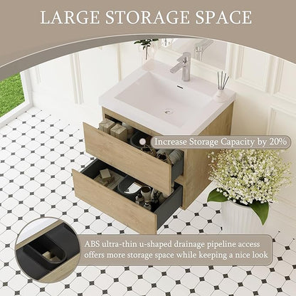 Floating Bathroom Vanity with Sink, 24" Wall-Mounted Bathroom Storage Vanity Cabinet with Resin Top Basin and Soft Close Drawers, No Assembly Required, Natural Oak
