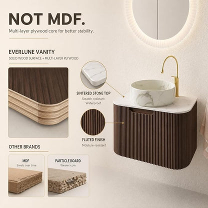 24 Inch Bathroom Vanity with Sink, Floating Wall Mounted Single Sink Vanity for Small Baths, Dark Walnut Curved Fluted Front, Stone Top, Marble-Look Round Vessel Basin, Pre-Assembled