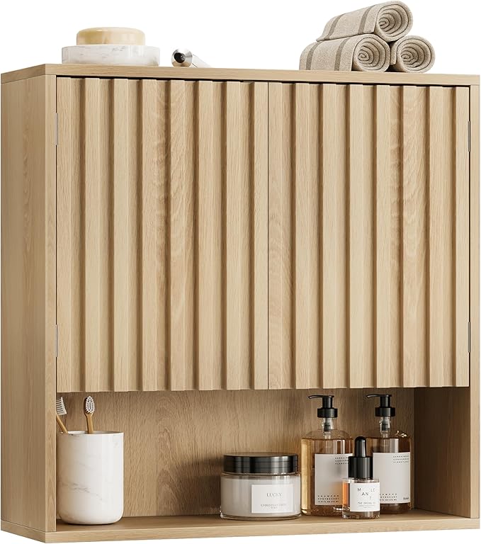 Bathroom Wall Storage Cabinet with Fluted Doors, Medicine Cabinet with Adjustable Shelf, Over The Toilet Storage Cabinet for Laundry Room & Kitchen & Living Room, Natural Oak