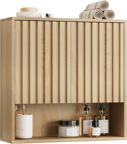 Bathroom Wall Storage Cabinet with Fluted Doors, Medicine Cabinet with Adjustable Shelf, Over The Toilet Storage Cabinet for Laundry Room & Kitchen & Living Room, Natural Oak